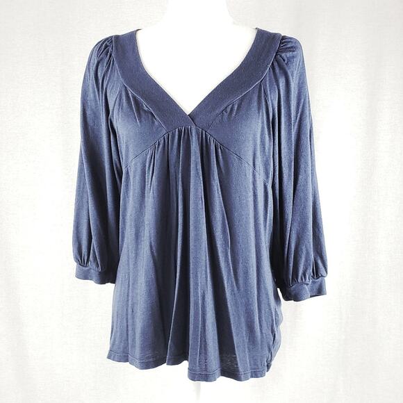 Splendid Blouse Women L Blue 3/4 Sleeve Knit Wide V-neck Flowy STMJ1435 USA Made - Picture 1 of 6